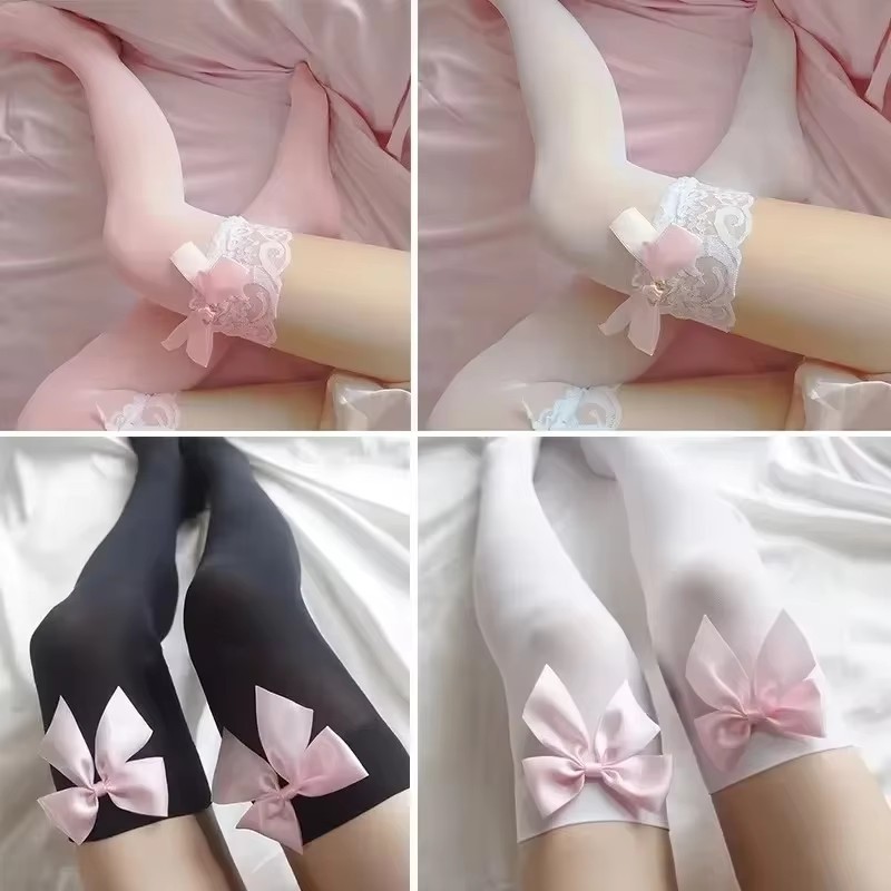  Big Pink Bowknot Lovely Thigh High Knee Sexy Stockings Girls Sweet Lace Over Knee Stockings Ladies Sexy Lingerie Stockings 