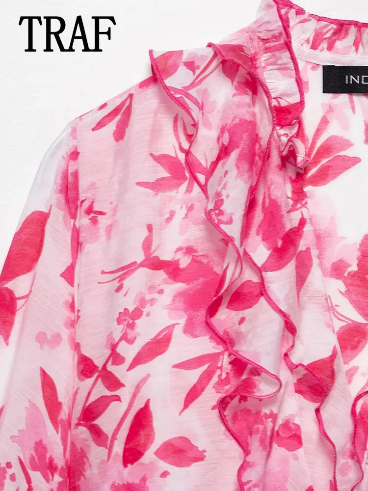 Traf babados camisa feminina impressa camisas elegantes para mulher 2025 camisas de manga longa e blusas mulher estilo férias casual topos