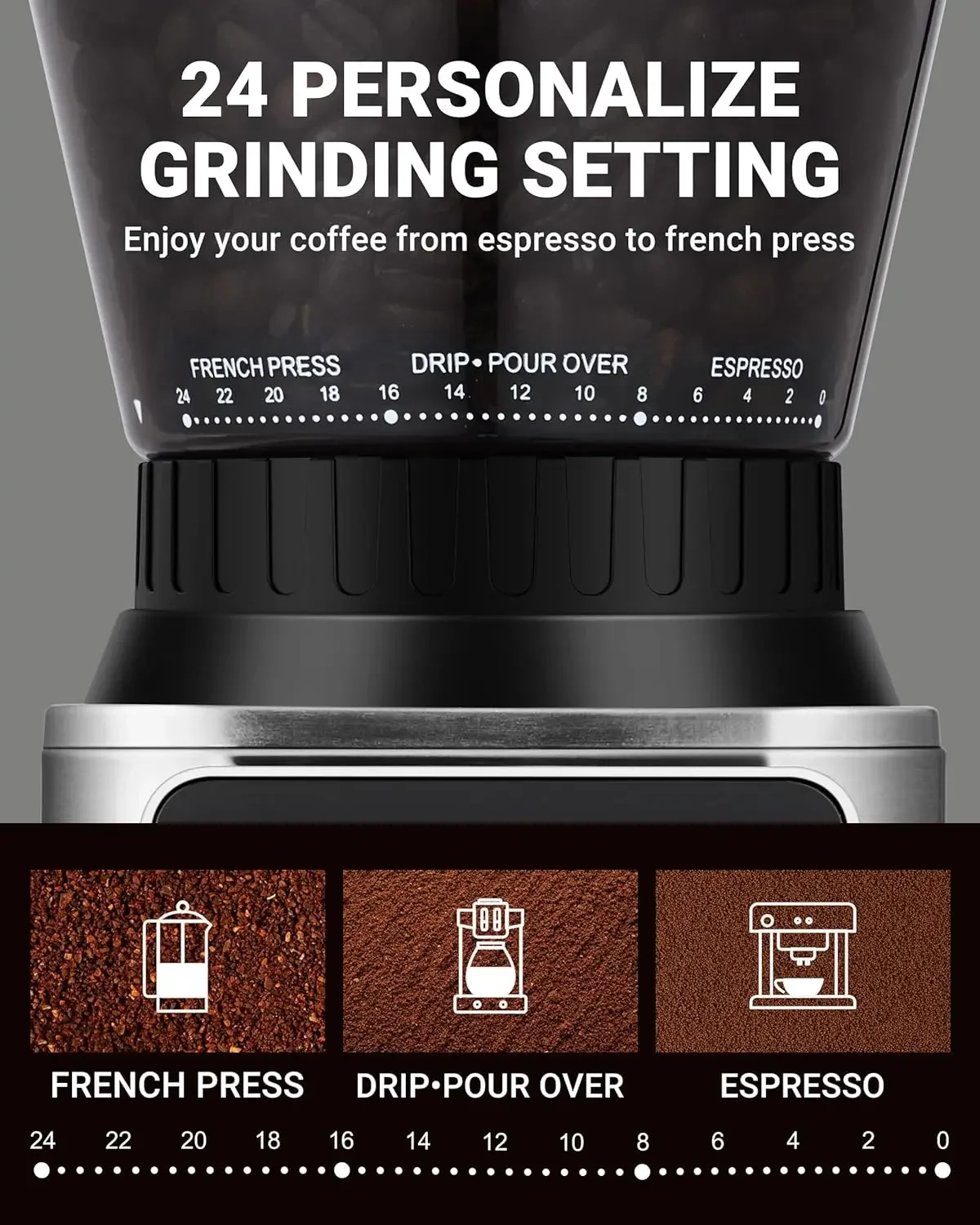 Coffee Grinder, Coffee Bean Grinder for Home Use with Precise Grinding, LED Control Panel, Detachable Funnel Stand, Anti