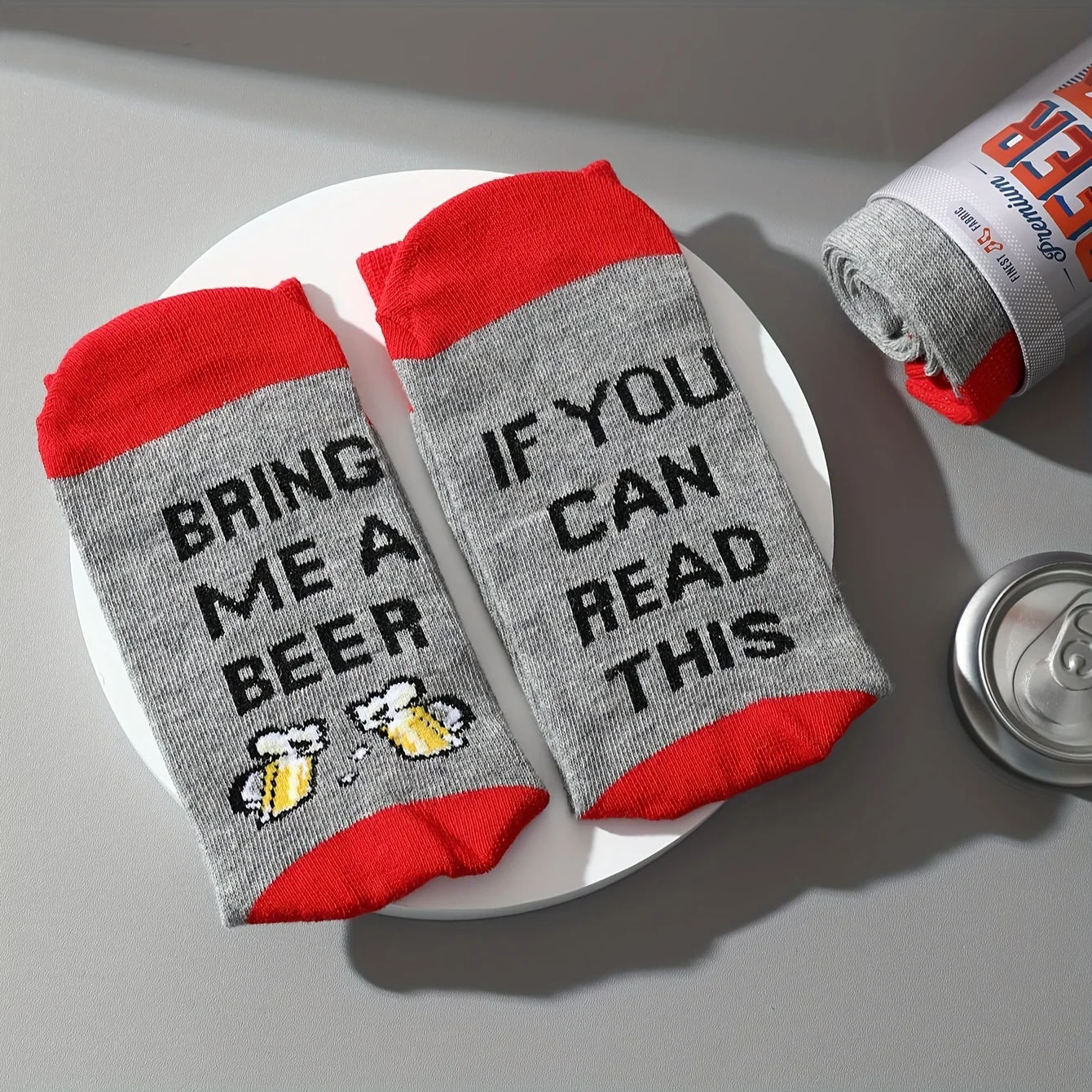 1 pair of stylish, unique and interesting beer can pattern gift socks for men and women, suitable for all seasons