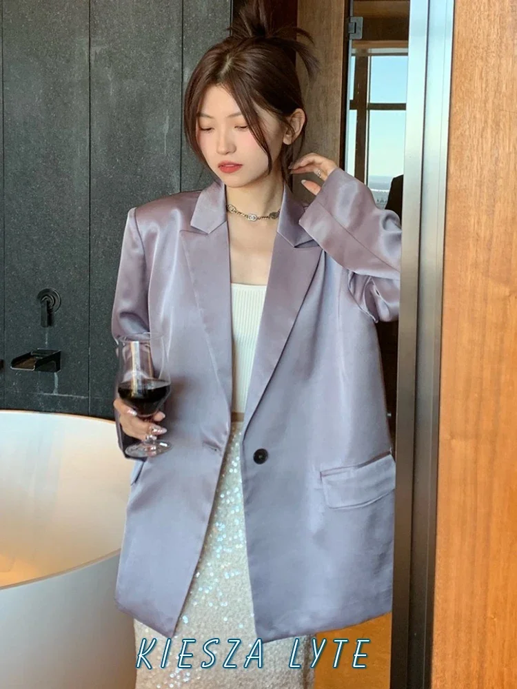 Kiesza lyte Fashion Chic Delicate elegance Blazers Women Simple Satin party High quality Jacket Lady Gray purple blazer woman