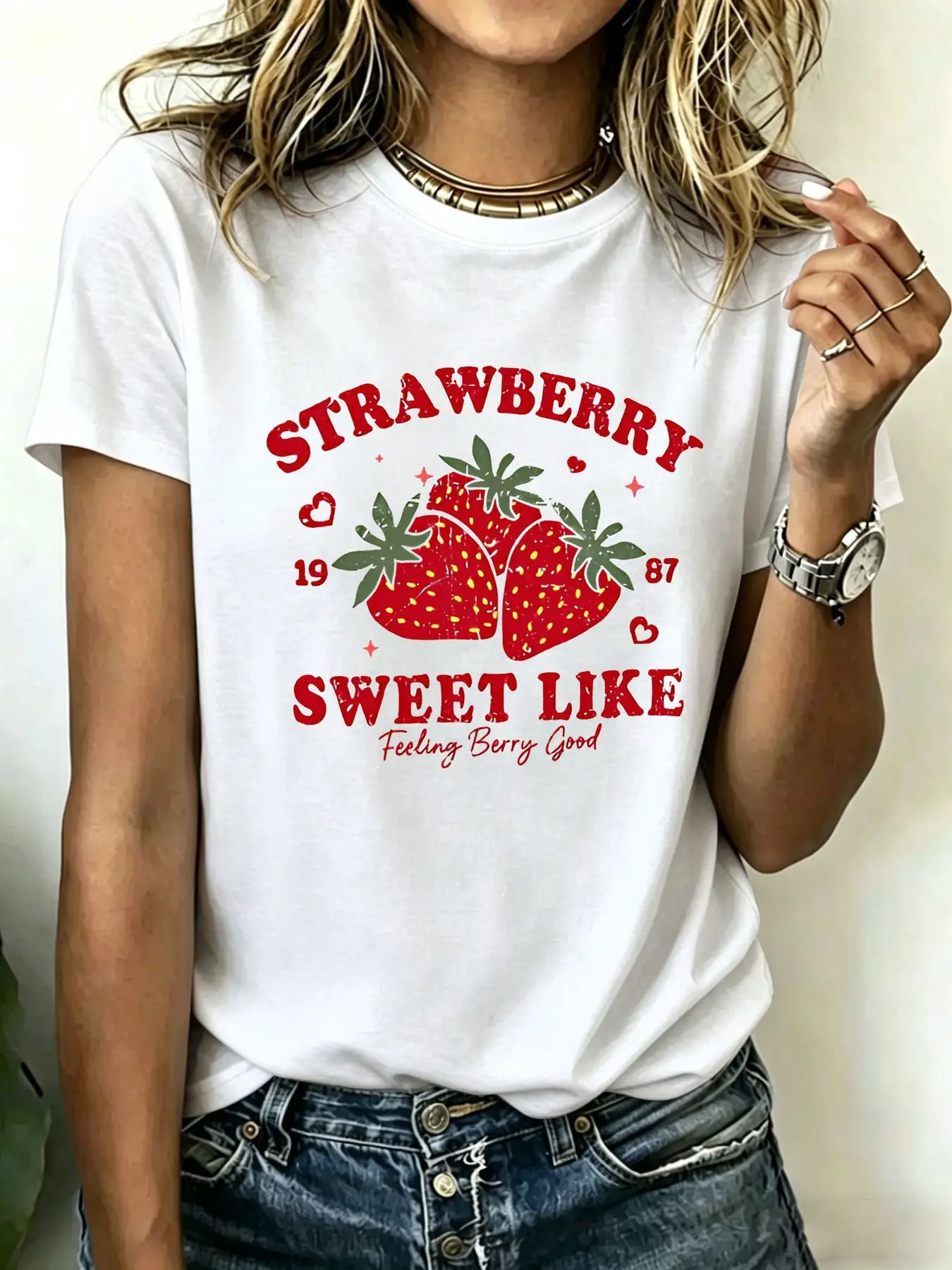 Camiseta de algodón puro de 180 gramos para mujer, talla grande, con un divertido gráfico de fresa con la inscripción "Sweet Like Feeling Berry Good"