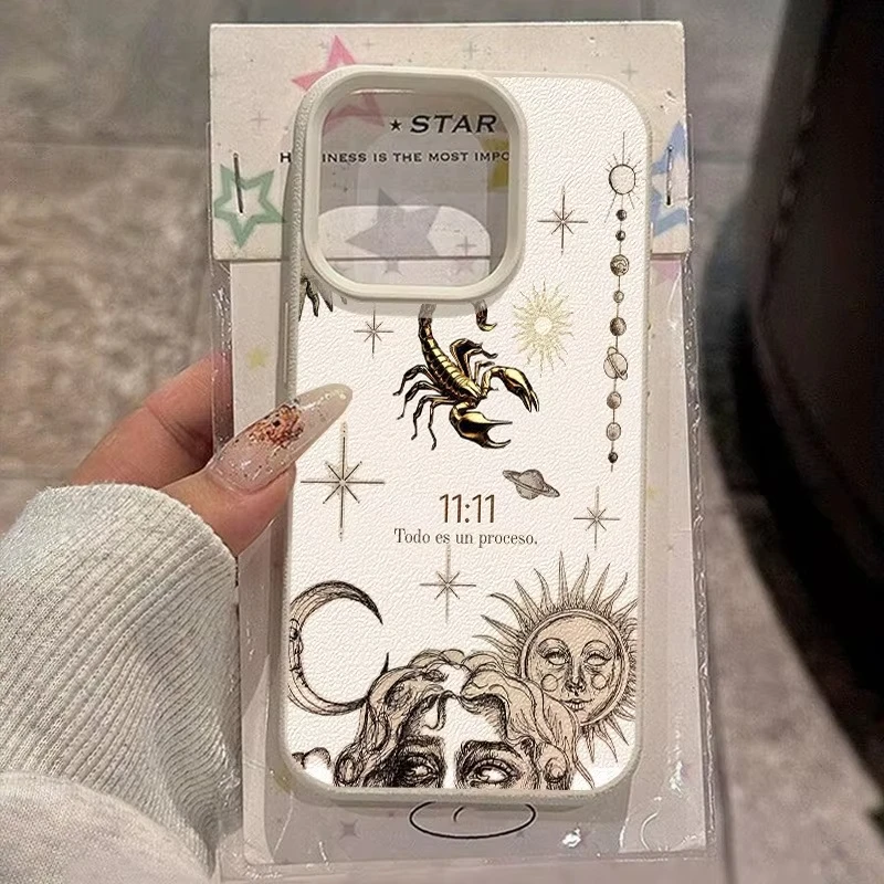 Vintage Scorpio Zodiac Sun Moon Star Pattern Design Protective Cover for iPhone 17 16 15 14 13 12 11 16E Series Pro Max Plus