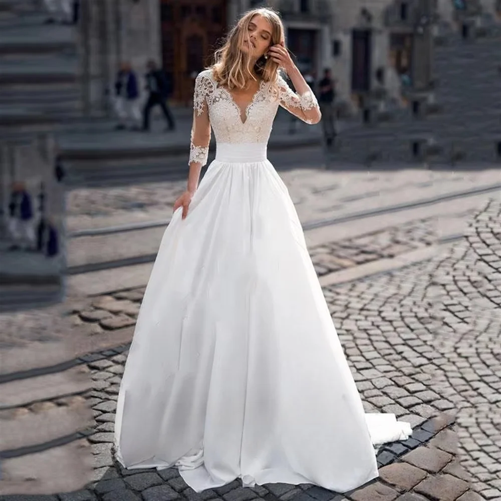 

2026 Wedding Dress V Neck Half Sleeve Lace Bridal Gown A Line Draped Bride Dress Elegant Formal Bridal Gowns vestidos de novia