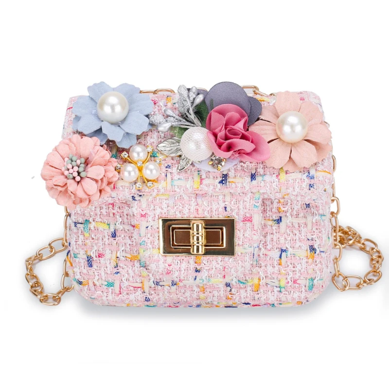 2025kids bag cutegirl cartoon flower shoulder bag tweed style crossbody bag baby coin purse candy bag