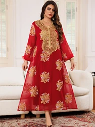 Red Middle East Women's Arab Dress Long Sleeve Lace Patchwork Embroidery Generous Elegant Loose Dubai Gilded Muslims Abaya