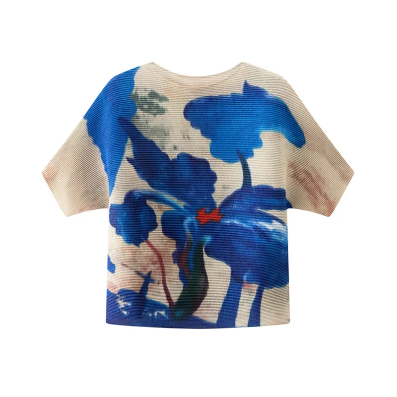 

Miyake модная плиссированная футболка для женщин с короткими рукавами и принтом цветных блоков, тонкий стильный шикарный легкий топ, новинка 2025 года