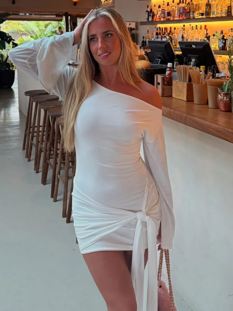 Solid Off Shoulder Bodycon Dress Women Fashion Waist Cinched Lace Up Slim Mini Skirt 2025 NEW Party Club Sexy Lady Dresses