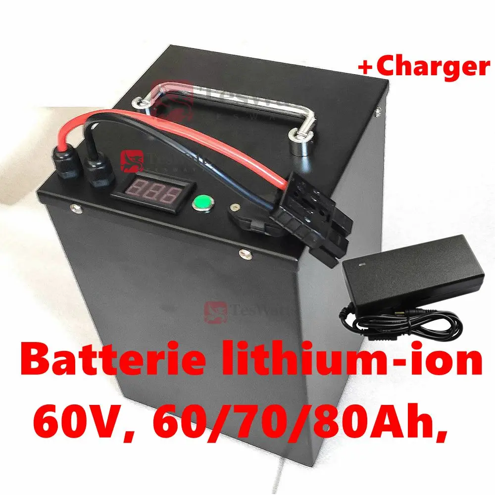 Batterie lithium-ion 60V, 60/70/80Ah, avec chargeur 10A, pour système solaire, véhicule de secours, véhicule électrique, tri