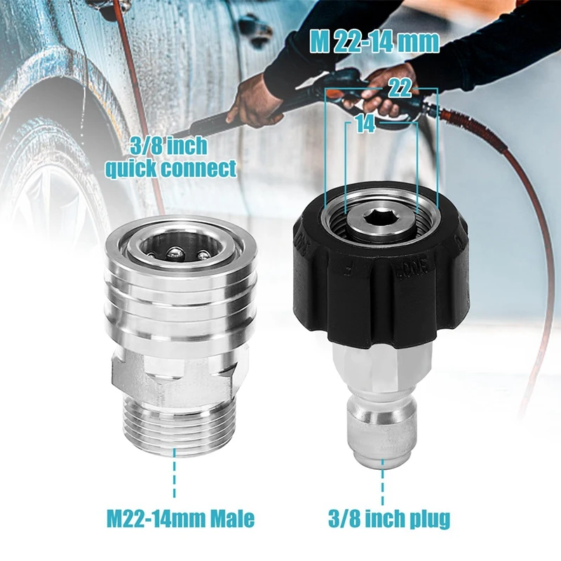 Juego de adaptadores de lavadora a presión, Kit de desconexión rápida de acero inoxidable, 9 piezas, M22 a 3/8 pulgadas