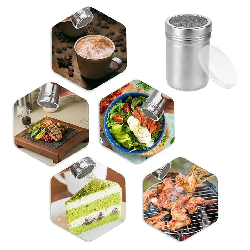 1Pcs Silver Stainless Steel Spice Jar W/ Rotating Cover Mesh Tube Type Dusters Dusting Salt Shaker Shaker Box Cocoa Lcing Powder