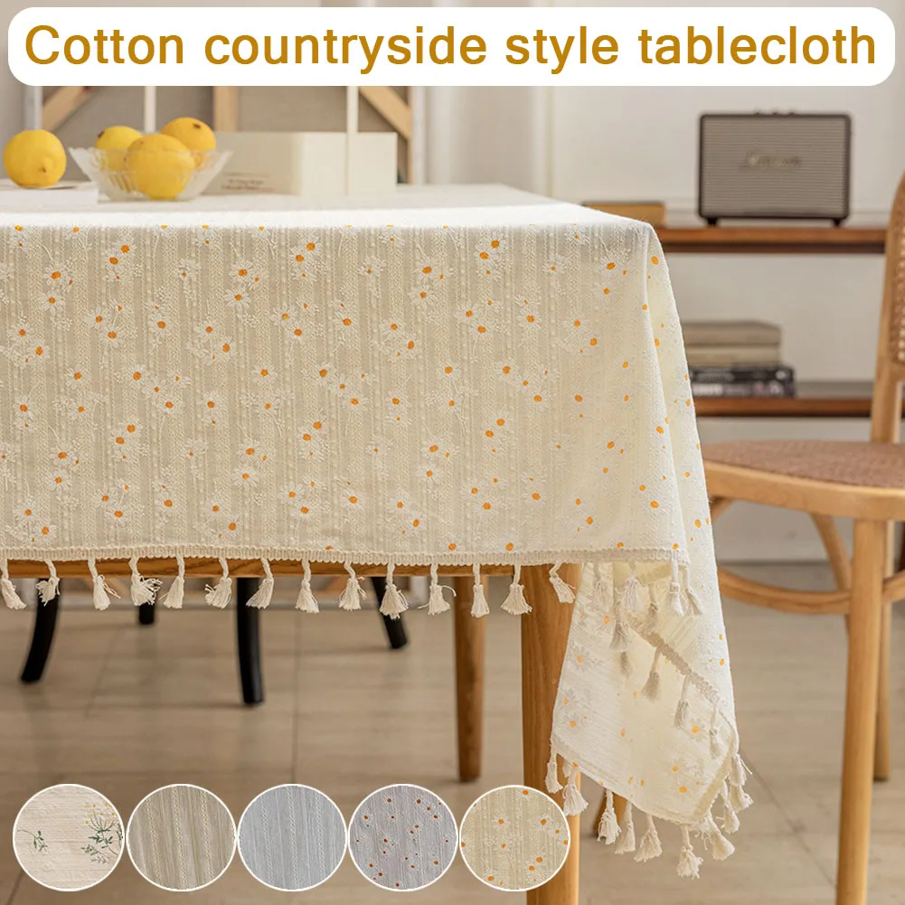 

1PCBeige Daisy Lace Tassels Cotton Rectangle Tablecloth Summer Kitchen Dining Table Cloths Table Decor Скатерть Nappe De Table