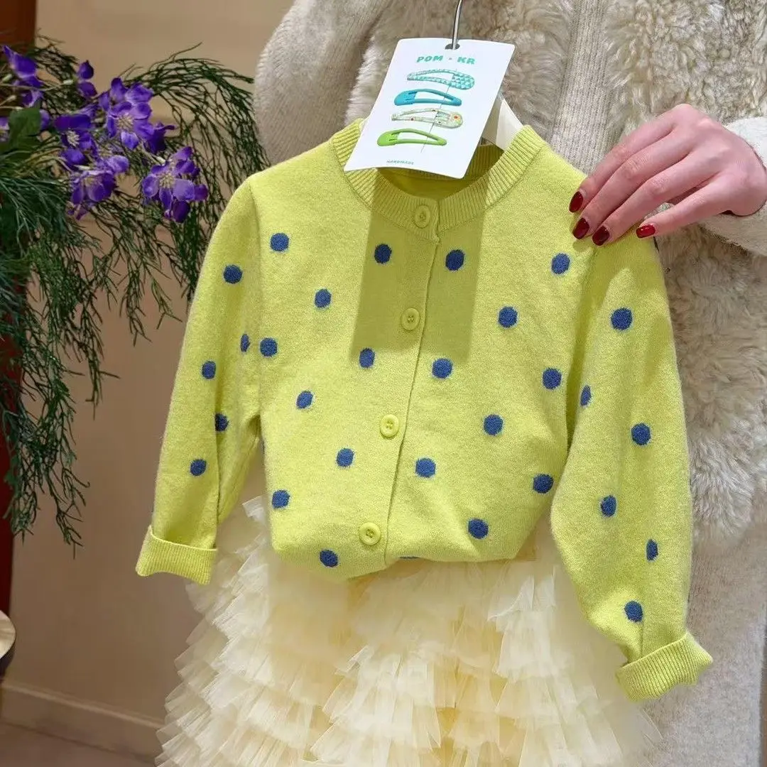

Girls Green Polka Dot Cardigan 2026 Spring Summer and Autumn New Korean Version of Children's Clothing Baby Knitted Jacket Top