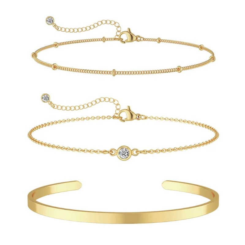 14K banhado a ouro inoxidável impermeável pulseira conjuntos para mulheres, corrente de cobra, cubano link, bracelete, pulseiras empilháveis para meninas, 3pcs