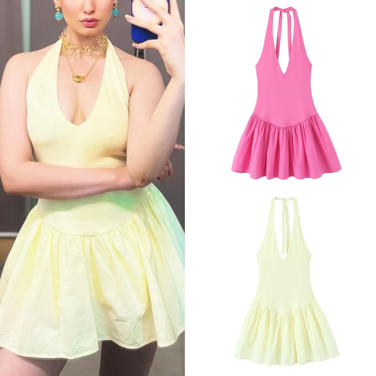 

women's dress sweet and sexy bow decoration hanging neck collar backless patchwork temperament summer new dress