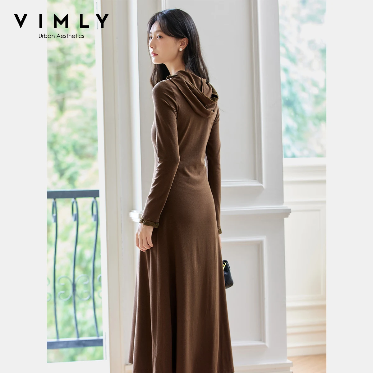 VIMLY Bruin Midi vrouwen Elegante Jurken 2025, Herfst Kant Capuchon Jurk Lange Mouw Slanke Dames Jurk Vrouw Kleding A2023