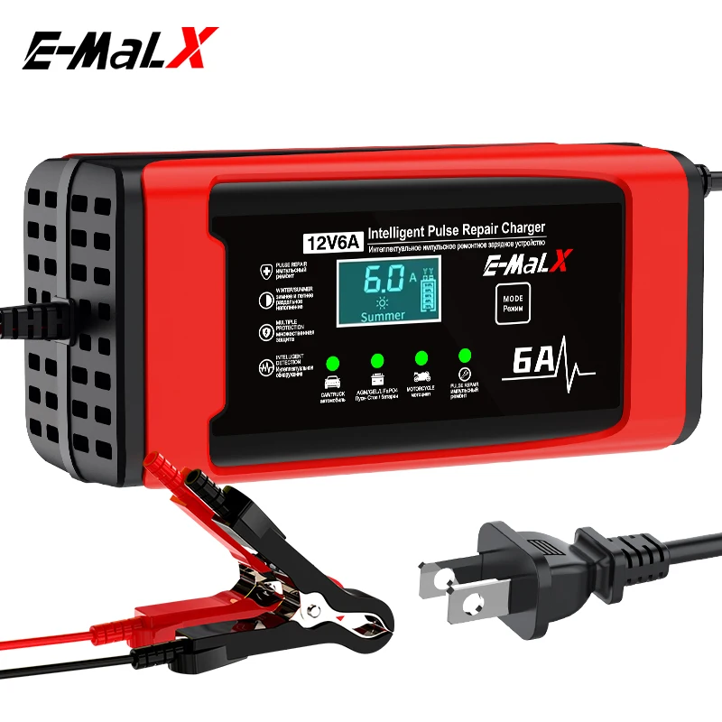 New 12V 6A Car Battery Charger Car and Motorcycle Battery Charging Unit 14.6V LiFePO4 Lead-Acid Battery Repair LCD Display