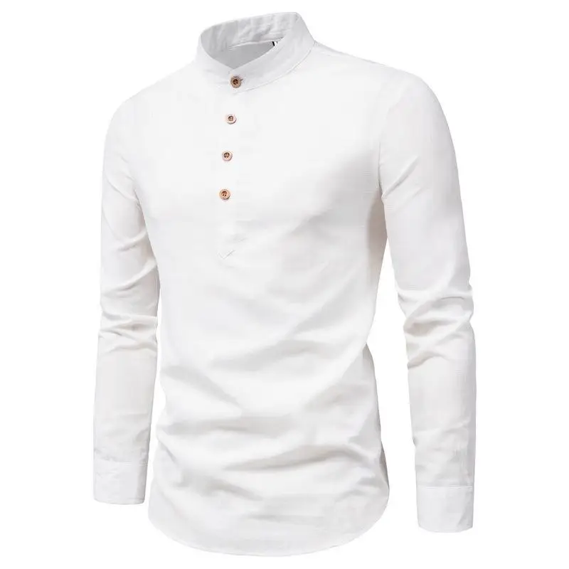 

Men's Cotton Linen Long Sve irt Stand Collar Slim Fit Iron Free Dancewear Youth Thin Autumn National Sle Color