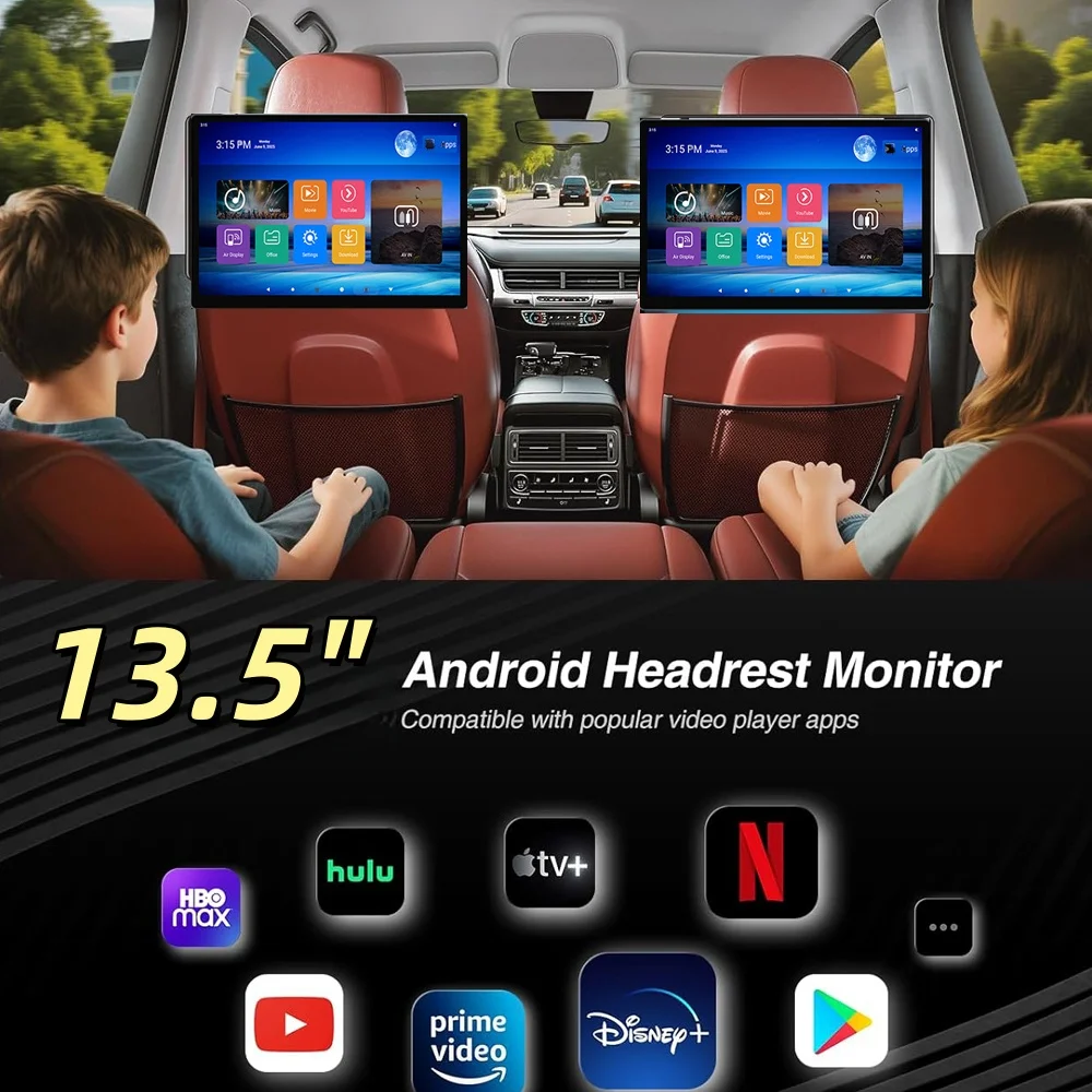 2026 Auto Hoofdsteunmonitor 13.5" 4K Video HD 1080P Android 14 WIFI/HDMI/USB/TF/BT RAM 2GB/32GB APP Download Mirroring/Miracast