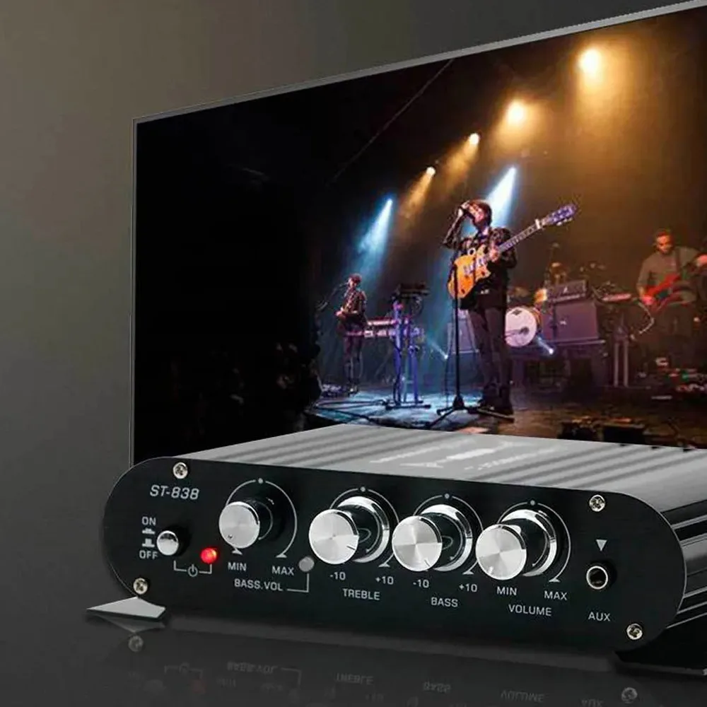 

2,1-канальный усилитель ST-838 сабвуферoof автомобильный MP3 HIFI усилитель аудио HiFi усилитель мощности для динамика/телефона/компьютера/DVD