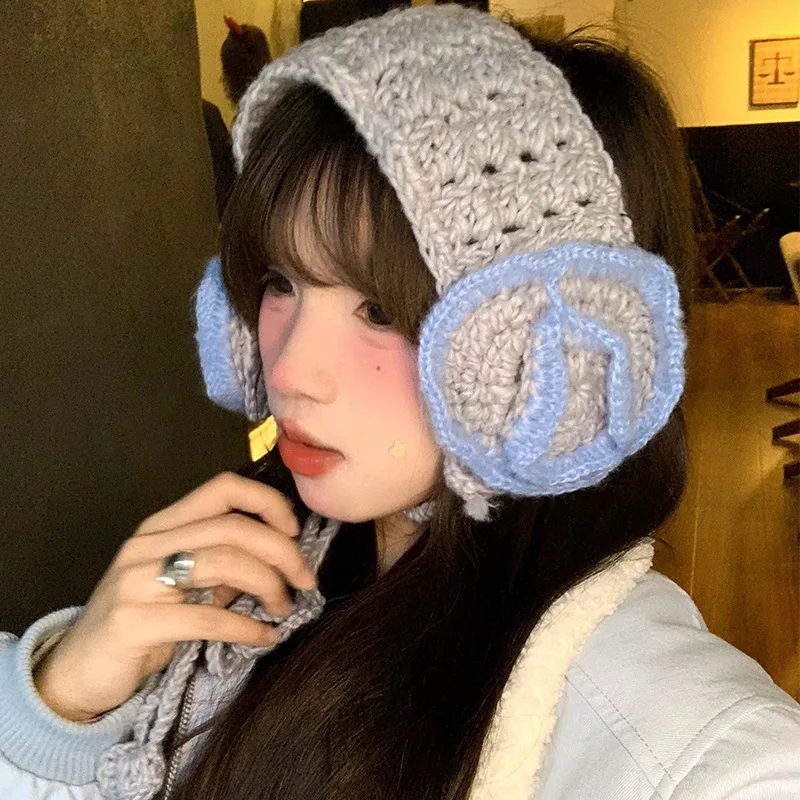 新しい手編みの3dフラワーラブニットストラップイヤーマフ、女性用、秋と冬の旅行写真、多用途で暖かいイヤーフラップ