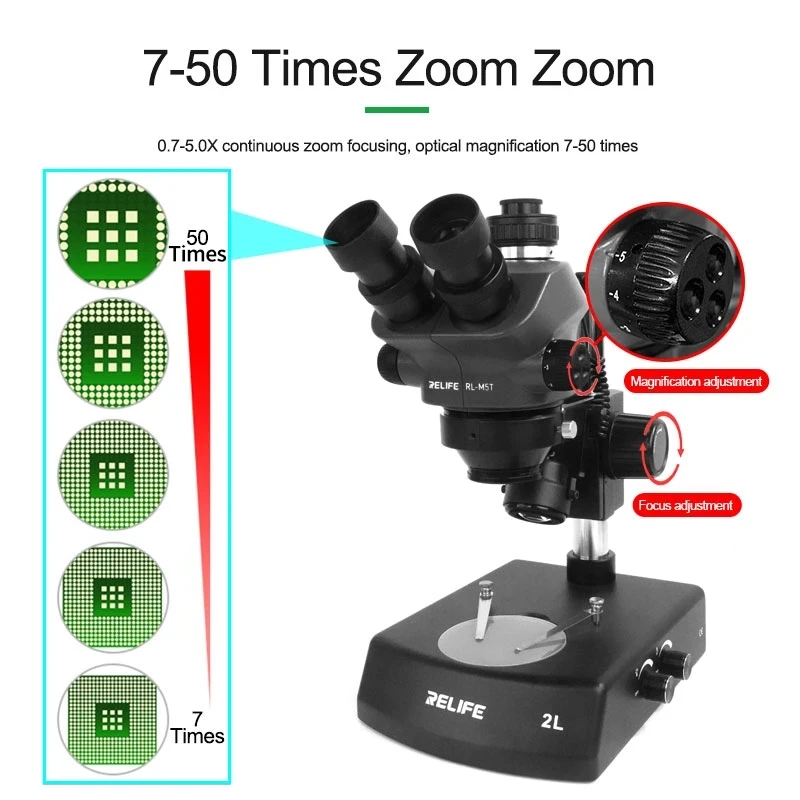 RELIFE-Trinocular HD Stereo Microscope, Adjustable Angle, Brightness, Mobile Phone, Motherboard Repair, RL-M5T-2L, 7-50X Zoom