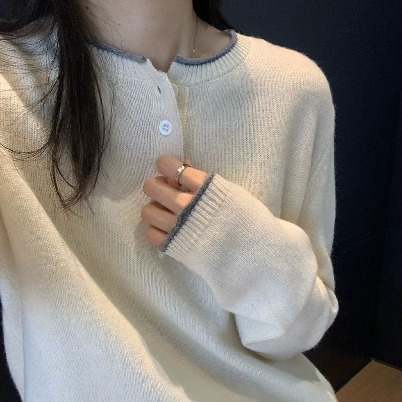 2026 autumn and winter new 100% wool gray knitwear women's round neck loose wool sweater women's wear