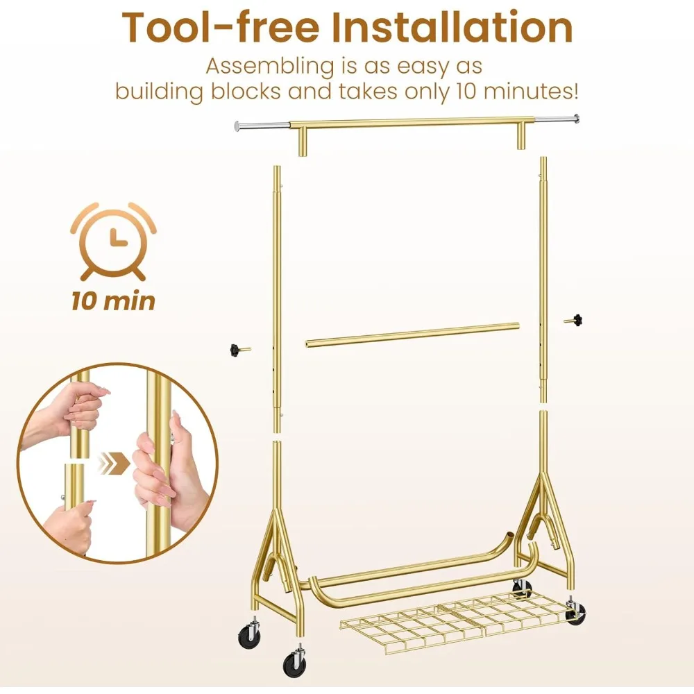 Double Rod Heavy Duty Rolling Metal Garment Rack with Lockable Wheels for Hanging Clothes, Durable Storage Solution