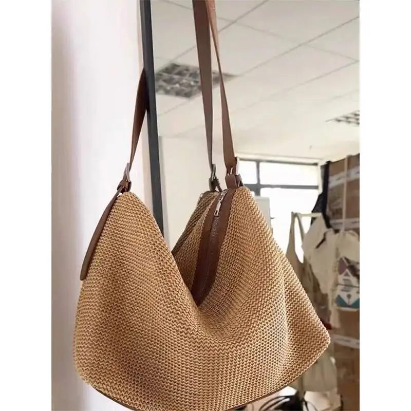 Bloom Vintage Brown Straw For Women 2025 New Vacation Zipper Woven Crossbody Bag Ladies Retro Large Capacity Handbag Y2k