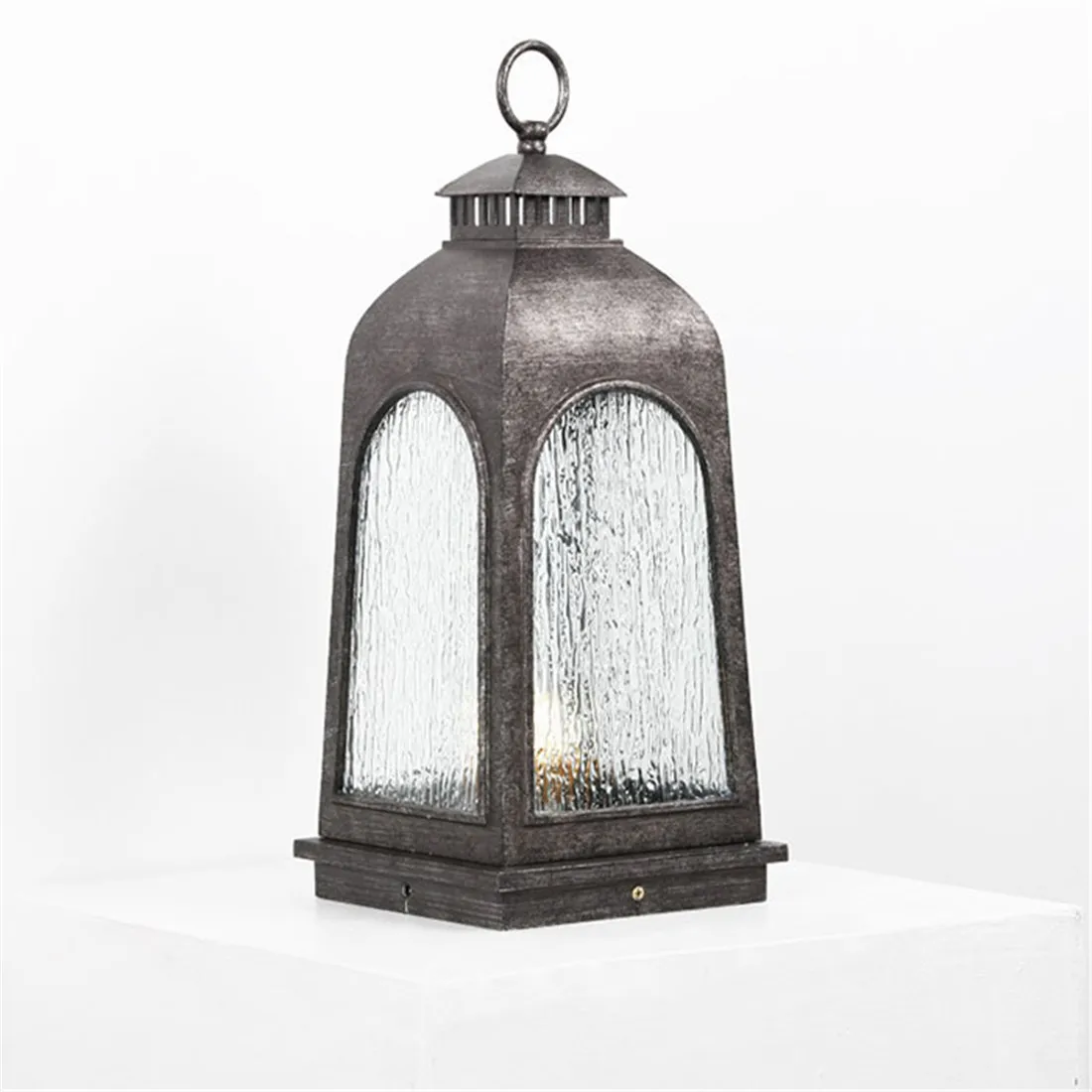 

Vintage Outdoor Post Lantern Exterior Grey Pillar Light Fixture with Water Ripple Glass Shade Gray Aluminum Large Entrance Lamp