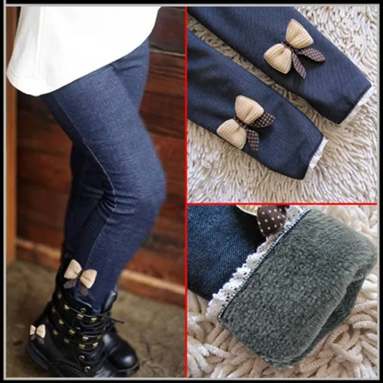 2-10Y Little Girls Autumn and Winter Thickened Imitation Jeans Korean Version Children's Fleece Leggings Girls Long Pants