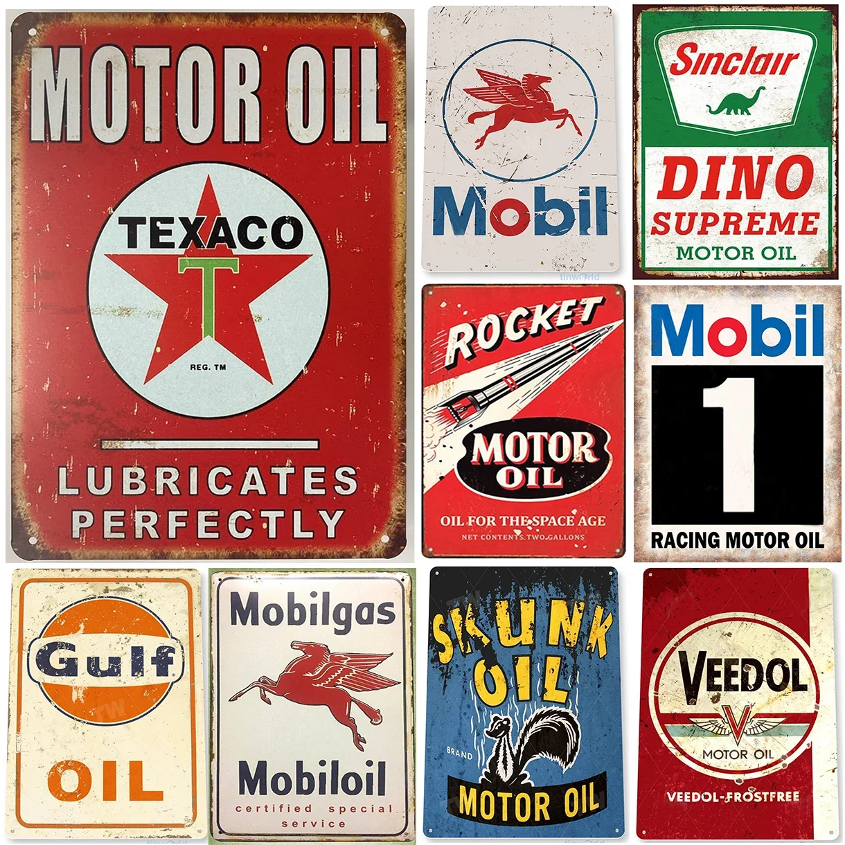 Vintage Metal Tin Signs Gulf Esso Agip Texaco Sinclair Mobile Man Cave Plate Motor Oil Garage Wall Stickers Gas Decor Plaque