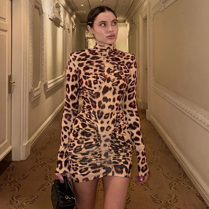 

Fmxires 2025 Autumn Fashion New Women's Elegant Leopard Pattern Spicy Girl Tight Stand Collar Long Sleeve Short Hip Bag Dress
