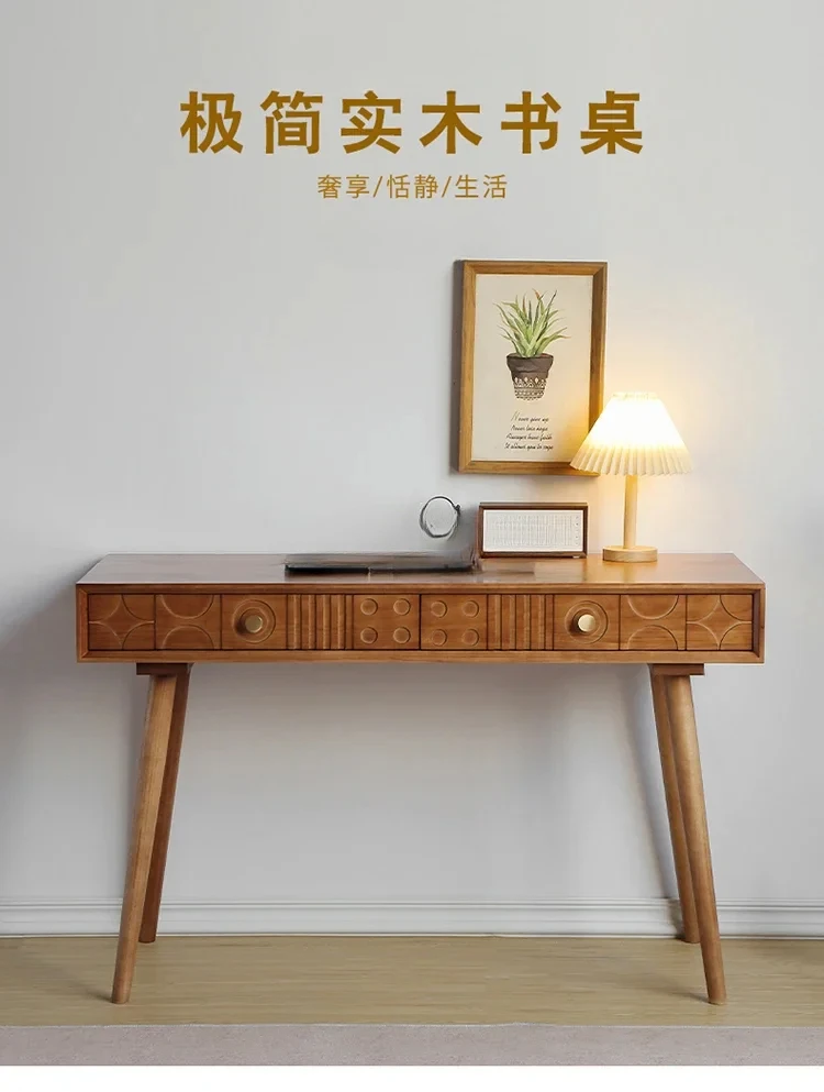 

Nordic Wood Carved Drawer Desk Study Table Retro Style Dresser Home Computer Desk