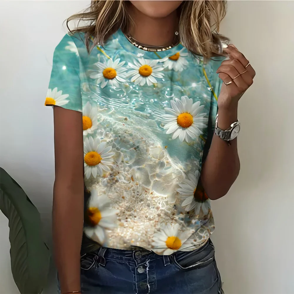 

Женская футболка 2025 года, модная футболка с 3D принтом одуванчика, повседневная футболка, летняя одежда, базовый женский топ с принтом, большой размер Hoo