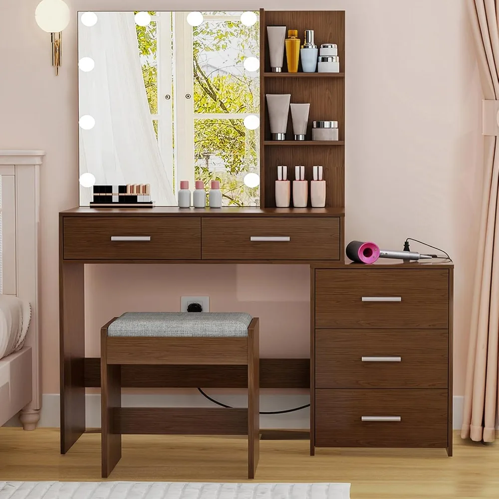 Dressing table with mirror and 10 LED lights, makeup comb with power strip, storage rack and 5 drawers with upholstered stools