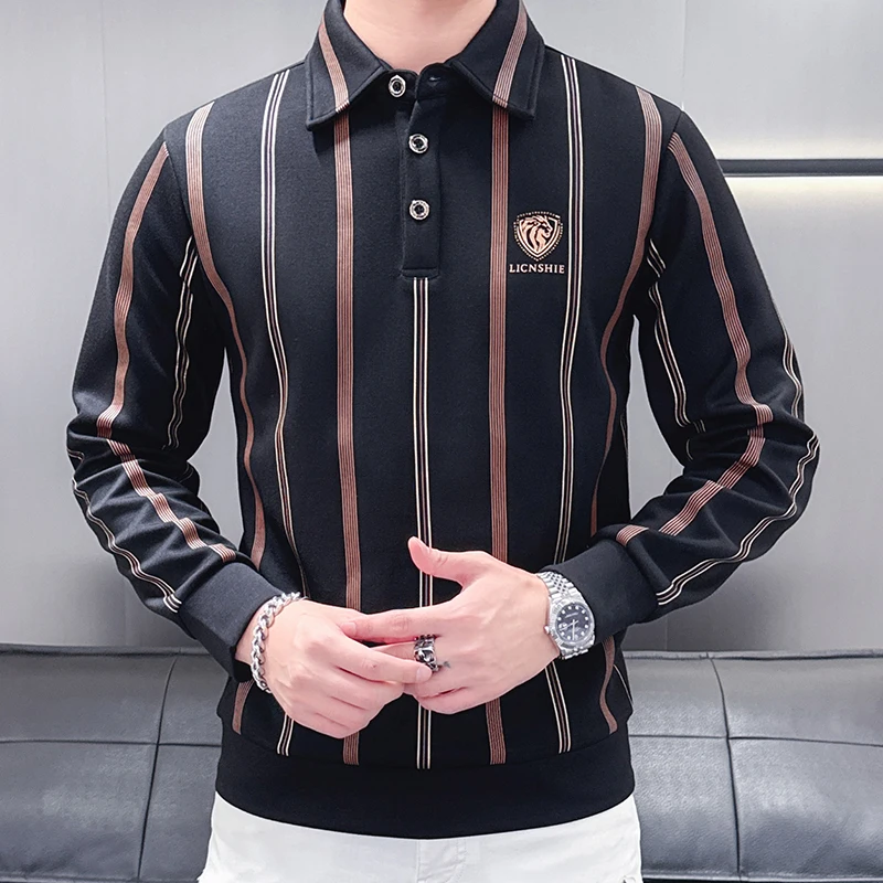 2025 Autumn Men President Sudaderas Hombre Striped Long Sleeve Turn-Down Collar Sweatshirt Men Club Outfits Vintage T Shirts Men
