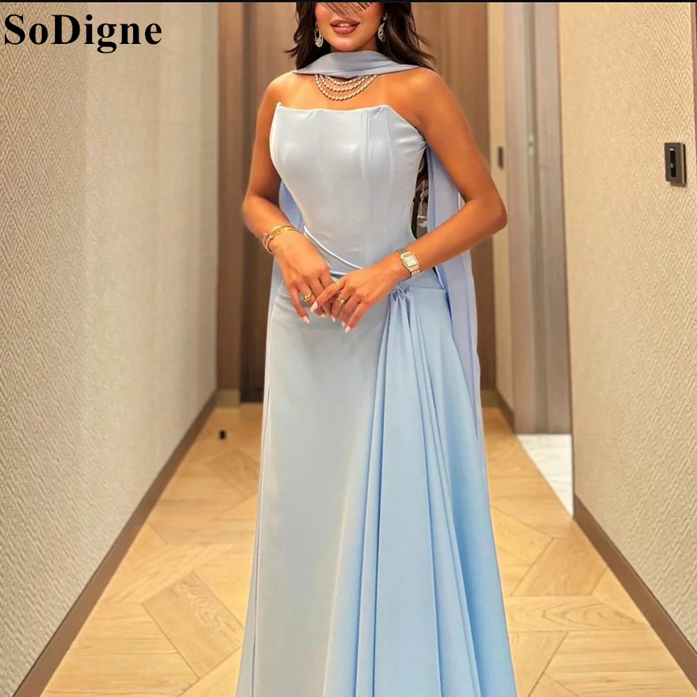 

SoDigne Sky Blue Evening Dresses Strapless Cape Pleated Saudi Arabia Party Dress 2024 Simple Formal Occasion Prom Gown for Women