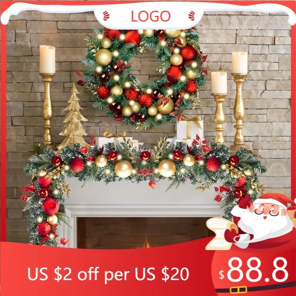 

30 Inch Grand Christmas Wreath with 50 LED Lights, Elegant Red and Gold Illuminated Door Decoration