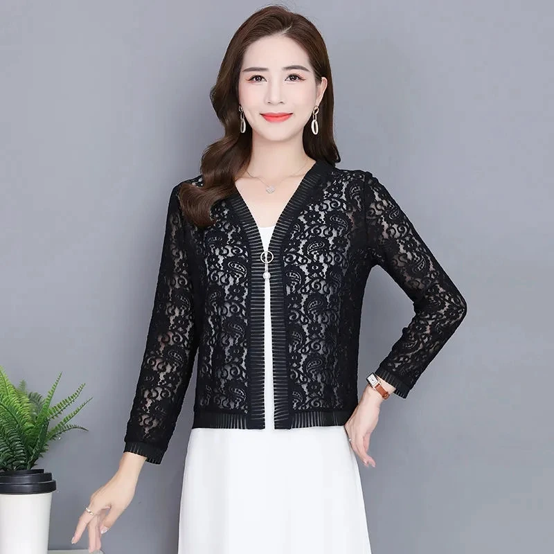 Plus Size Women Cardigan Short Coat Summer New Solid Lace Hollow Loose Round Neck Sunscreen Clothes Top Women\'s Clothing Sales