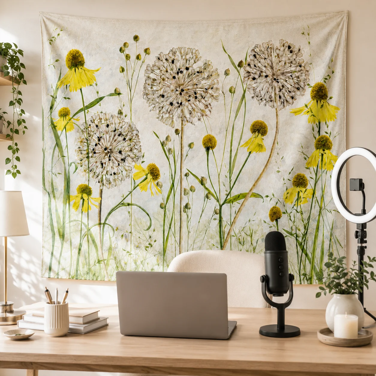 Rustic Dandelion Wildflower Tapestry Botanical Plant Wall Hanging, Studio Photography Backdrop, Live Stream Background Decor