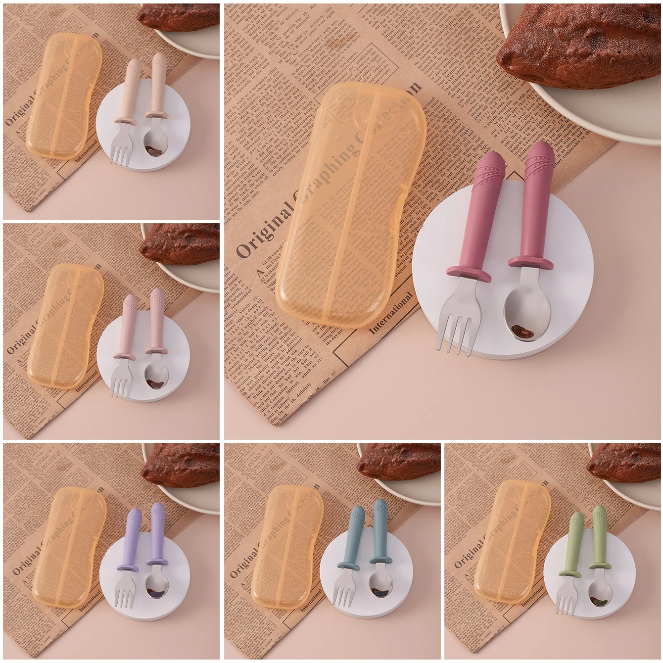 Color Kids 2PCS BPA Free Baby Stainless Steel Utensil Set Silicone Handle Self Feeding Fork Spoon Cutlery Baby Newborn Items