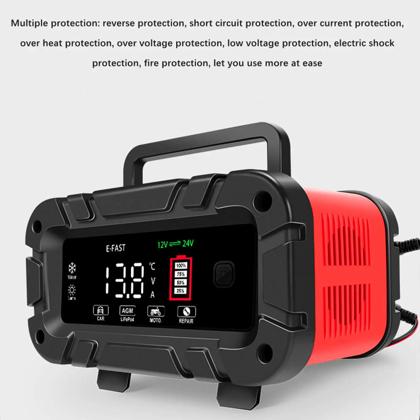 Automatic Battery Maintainer Large Digital Display Screen Accessory with Portable Folding Handle Trucks 12V 24V Battery Charger