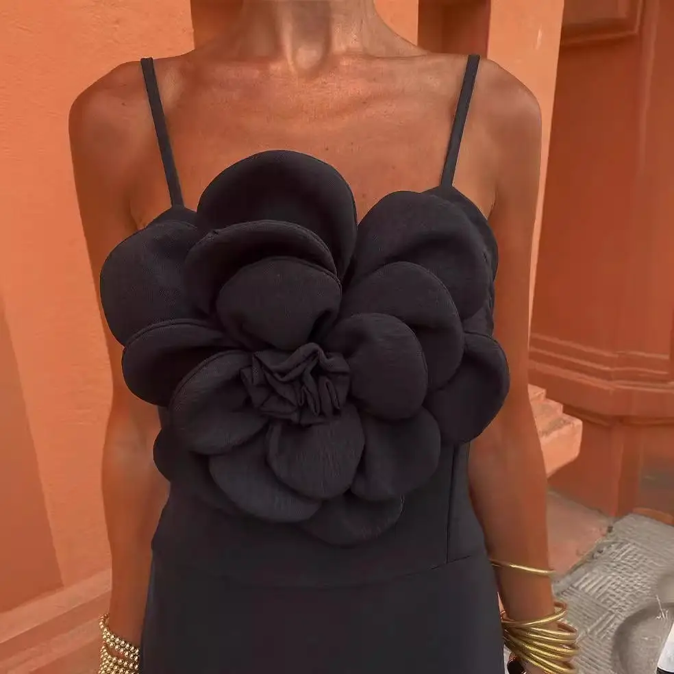 Handmade Ice Silk Pleated Long Evening Gown Women's Dr with Large Flower Design Svel Spring Season Faion