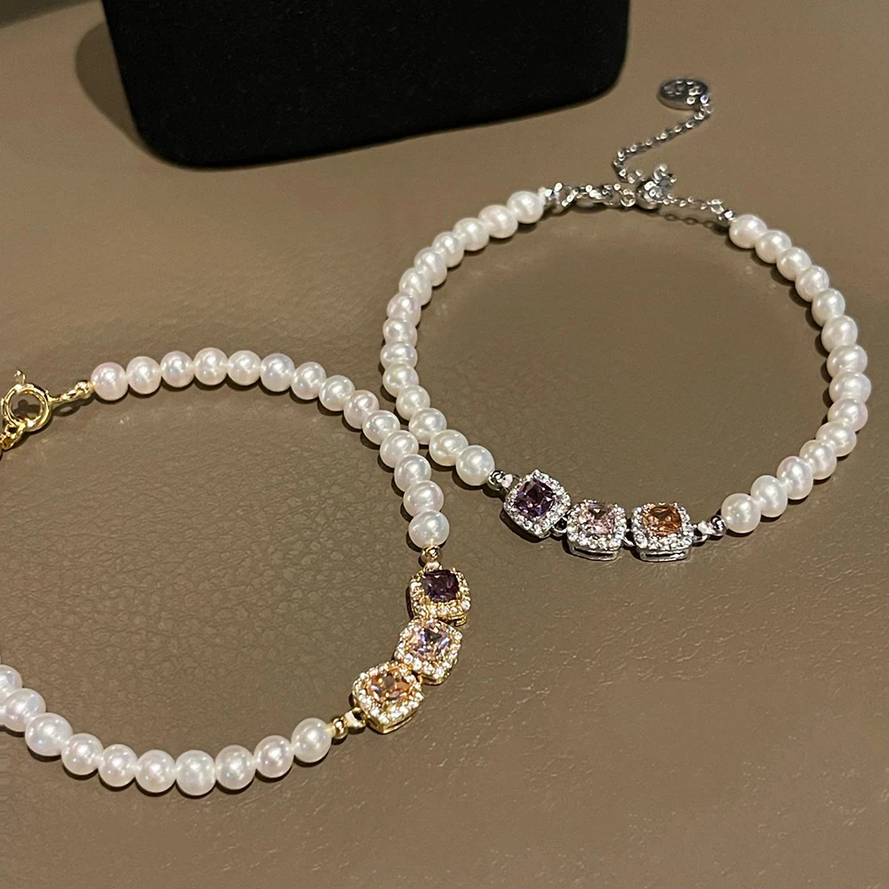 

Tri-Color Cube Sugar Zircon 100% Real Pearl Bracelet with 4-5mm Natural High Quality Freshwater Pearls and Adjustable Clasp