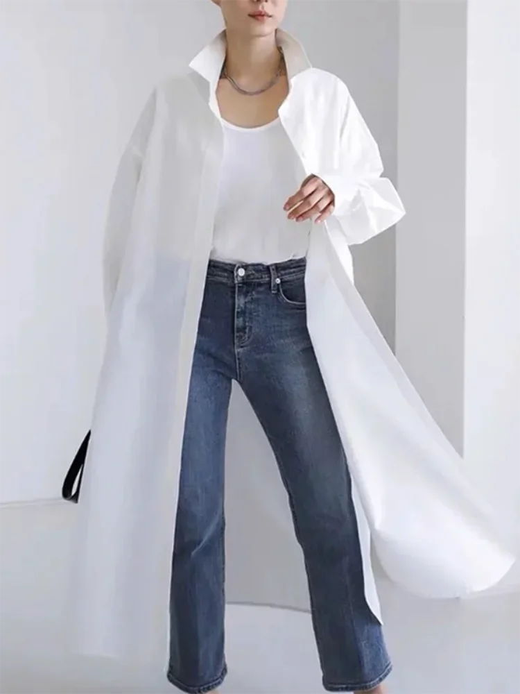 Solid White Cotton-blended Shirt Top Lapel Collar Long Sleeve Outerwear 2024 Summer Casual Thin Trench Coats for Women