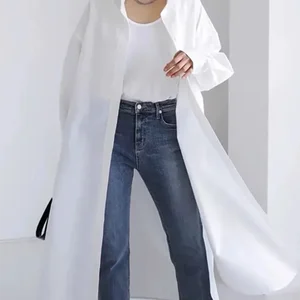 Frauengräben mit Reverskragen, Baumwollhemd, festes weißes Oberteil, langen Mäntel, lässig, Sommer, 2024 6 Hauptverkäufe Trenchcoat Weiß - №1