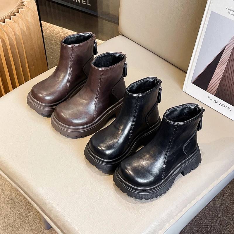 أحذية أطفال جديدة للخريف والشتاء للبنات، أحذية فردية، أحذية كبيرة، أحذية قصيرة مع الصوف، أحذية جلدية للفتيات