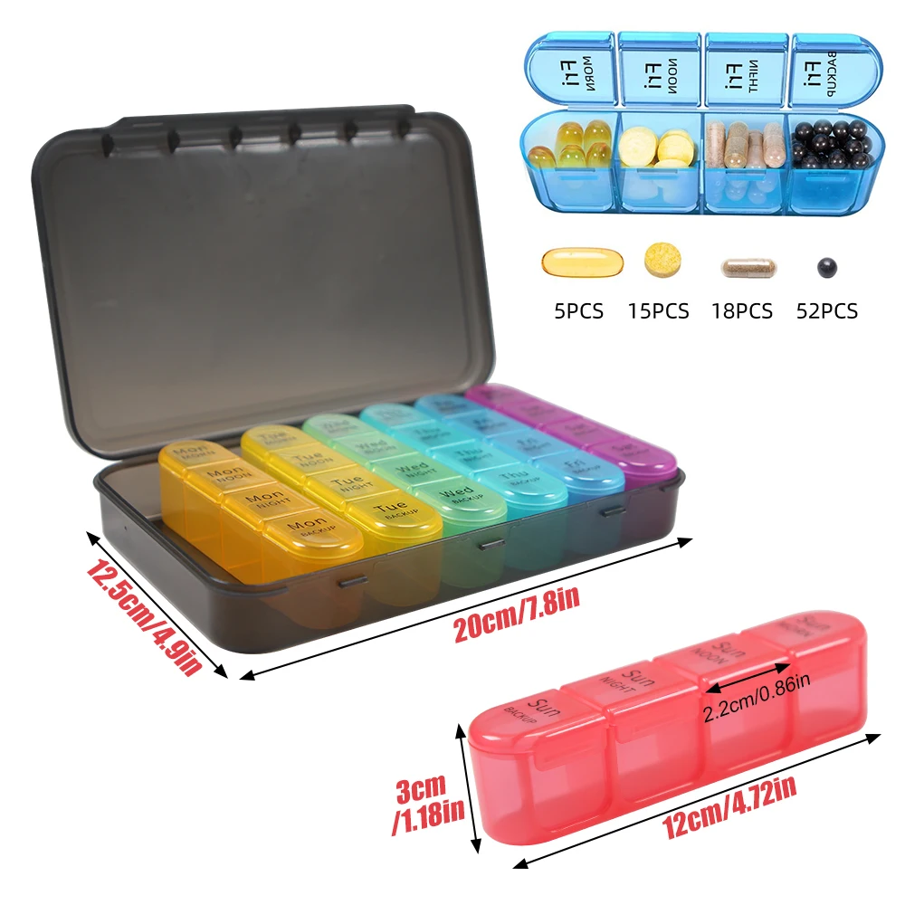 Pill Organizer 4 Times a Day, Daily Pill Box Organizer, Weekly Medicine Organizer, Pill Box 7 Day to Hold Vitamins, Medication