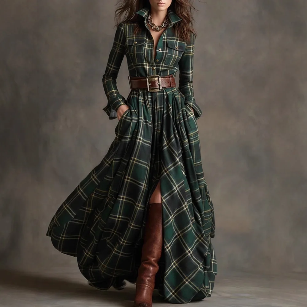French Vintage Plaid Plus Size Waist Cinched Slim Fit Dress Women's New Arrivals Single Breasted Design Commute Wear Maxi Dress